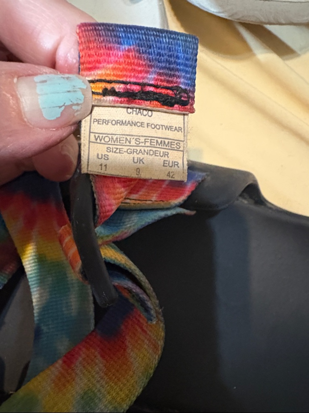 Chaco Slide Sandals in Beige and Black with Rainbow Tie-Dye Straps - Picture 8 of 11